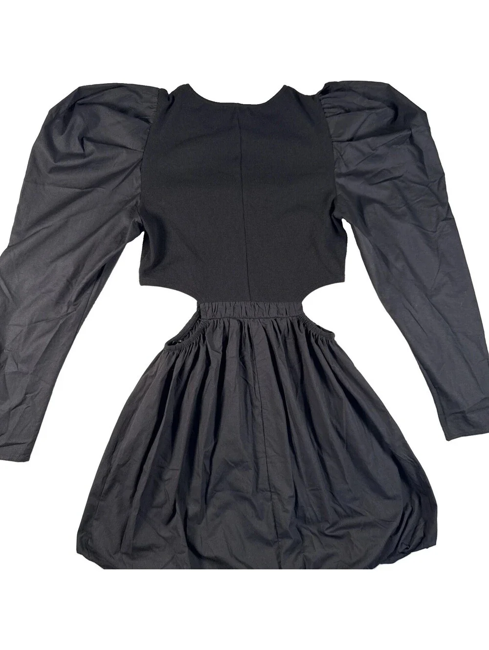 Zara Black Mini Dress Bubble Hem Puff Balloon Sleeves, Cut Out Sides Size Large